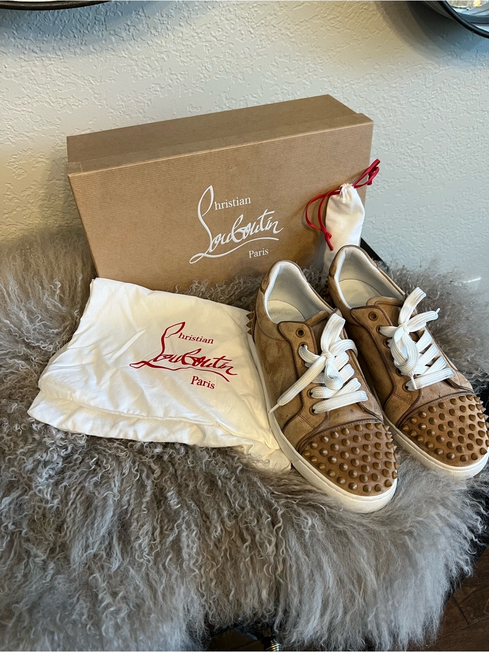 Christian Louboutin Brown Studded Lace-Up Sneakers with White Laces